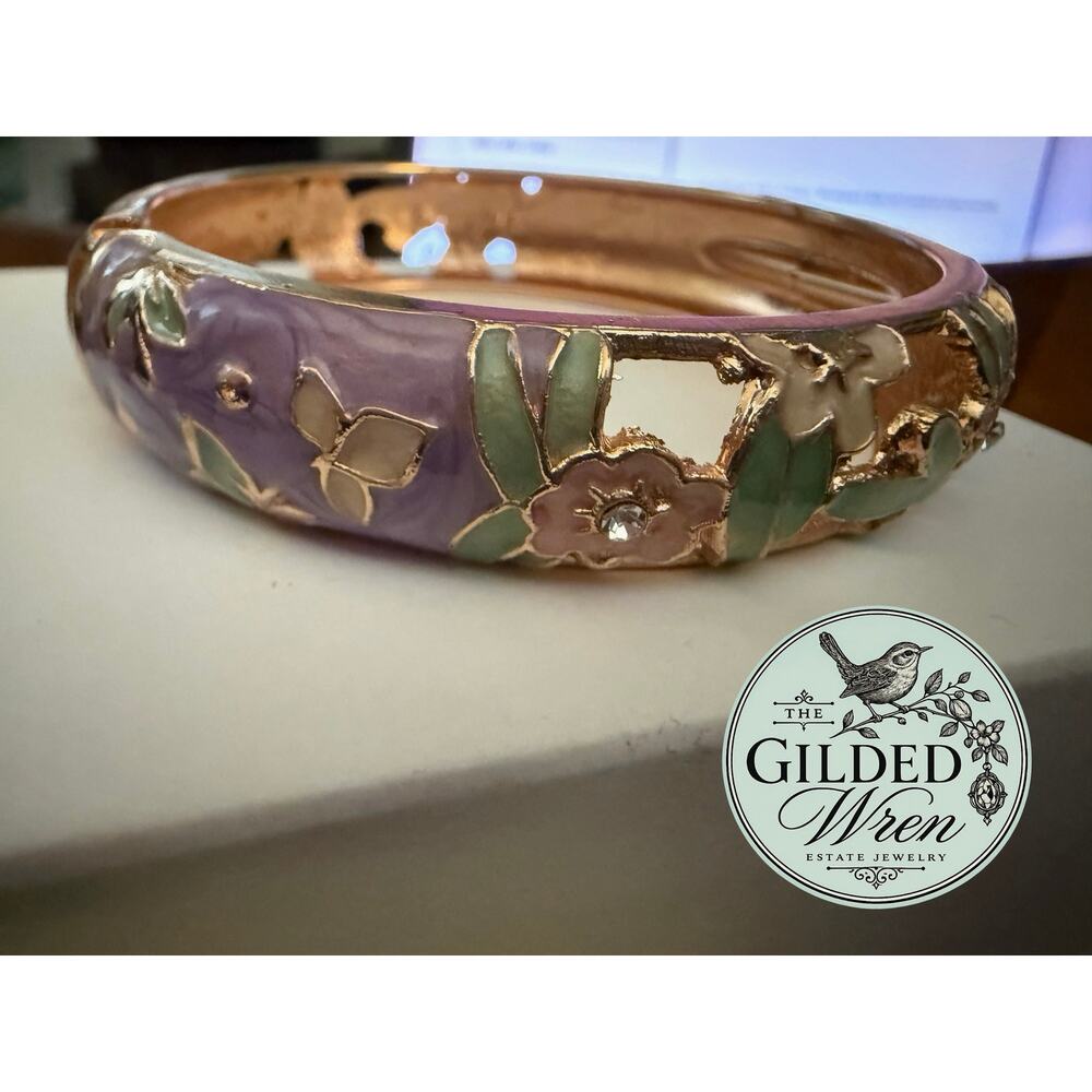Vintage Lavender Enamel Floral Rhinestone Gold Tone Hinged Bangle Bracelet - Picture 2 of 6